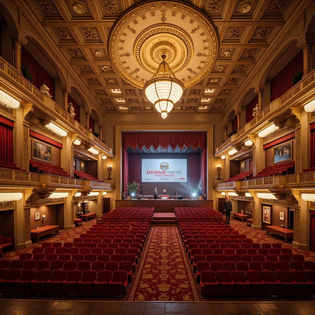 Prompt: Grand auditorium, ornate chandeliers, intricate ceiling patterns, gilded moldings, plush red velvet seats, golden balconies, sweeping staircases, majestic columns, luxurious carpets, opulent drapes, rich wood tones, polished marble floors, dramatic spotlights, warm ambient glow, shallow depth of field, 2/3 composition, realistic textures, subtle reflections.