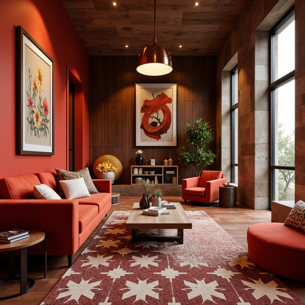 Prompt: Vibrant red accent walls, rich wood tones, earthy terracotta floors, cozy velvet furnishings, metallic copper lighting fixtures, bold geometric patterns, statement art pieces, plush area rugs, natural stone textures, warm beige backgrounds, soft golden lighting, shallow depth of field, 1/2 composition, realistic renderings, ambient occlusion.