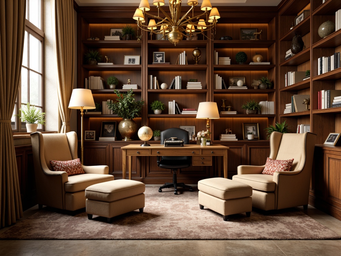 Prompt: Cozy reading nooks, plush velvet armchairs, wooden bookshelves, classic literature collections, leather-bound tomes, ornate golden lighting fixtures, rich wood paneling, comfortable ottomans, soft warm carpeting, elegant wooden desks, vintage typewriters, antique globes, classic style lamps, warm beige color schemes, natural stone flooring, high ceilings, large windows, soft diffused lighting, 1/2 composition, shallow depth of field, realistic textures.