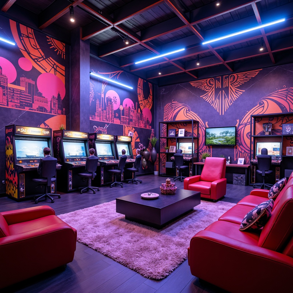 Prompt: Vibrant game room, neon-lit arcade machines, retro console stations, plush gamer chairs, bold graffiti walls, industrial metal shelving, futuristic LED lighting, abstract geometric patterns, urban cityscape murals, eclectic decorative collectibles, statement art pieces, cozy throw blankets, modern minimalist coffee tables, high-tech gaming desks, ergonomic task chairs, immersive VR experiences, cinematic sound systems, dramatic color schemes.