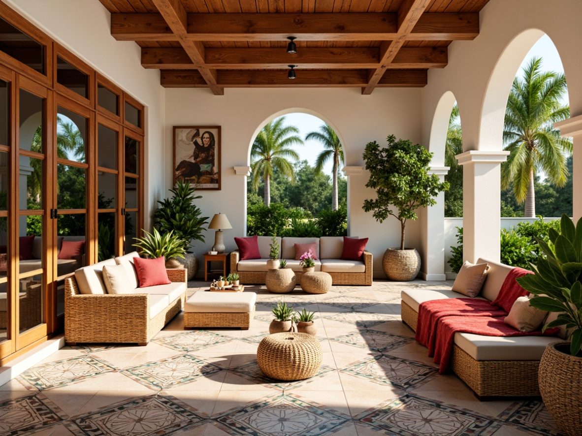 Prompt: Vibrant sunroom, stylish tile patterns, Moroccan-inspired geometric motifs, bright natural light, warm wooden accents, lush greenery, exotic plants, rattan furniture, woven textiles, colorful throw pillows, Mediterranean-style arches, sleek modern lines, glass doors, sliding windows, cozy reading nooks, soft warm lighting, shallow depth of field, 1/1 composition, realistic textures, ambient occlusion.