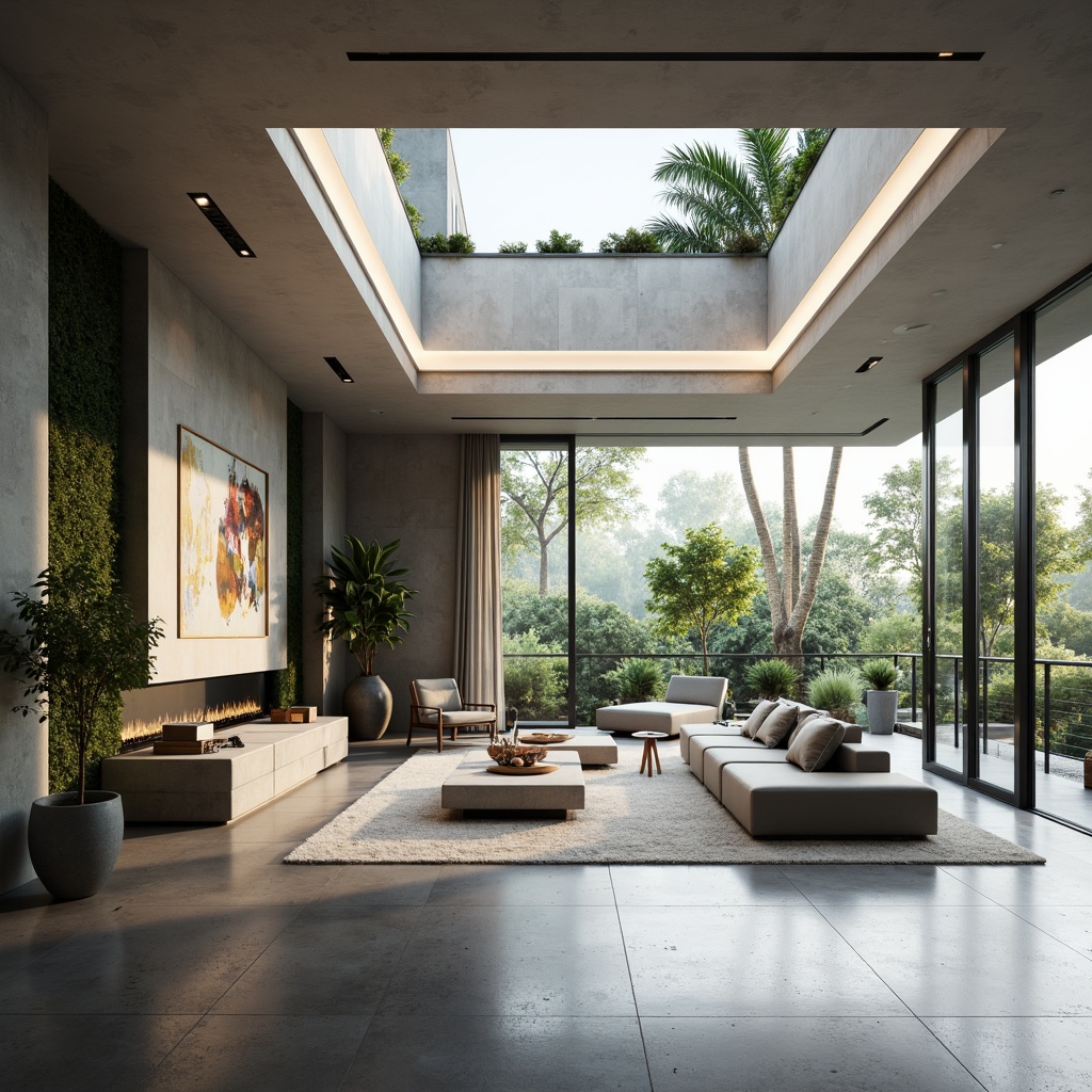 Prompt: Futuristic living space, minimalist decor, sleek lines, modern architecture, spacious open-plan layout, natural light-filled interior, floor-to-ceiling windows, sliding glass doors, polished concrete floors, metallic accents, ambient lighting, smart home automation, voice-controlled systems, hidden storage compartments, modular furniture, adaptive layouts, green walls, air-purifying plants, calming color palette, 3/4 composition, shallow depth of field, panoramic view, realistic textures.