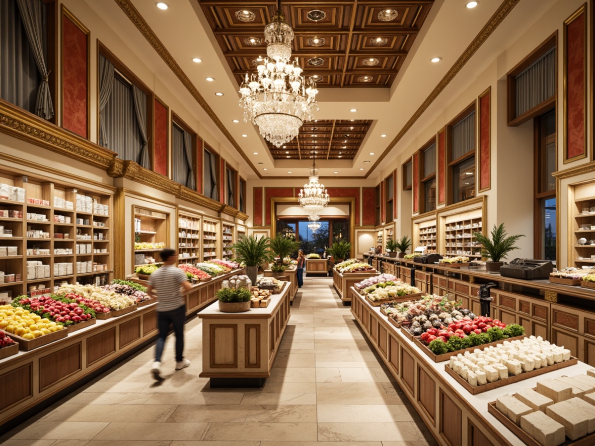 Prompt: Luxurious Rococo-style grocery stores, ornate golden accents, soft cream walls, rich wood tones, opulent crystal chandeliers, lavish velvet drapes, elegant marble floors, intricate baroque patterns, warm beige shelves, decorative copper fixtures, refined glass displays, abundant fresh produce, artisanal food arrangements, warm inviting lighting, shallow depth of field, 1/1 composition, realistic textures, ambient occlusion.