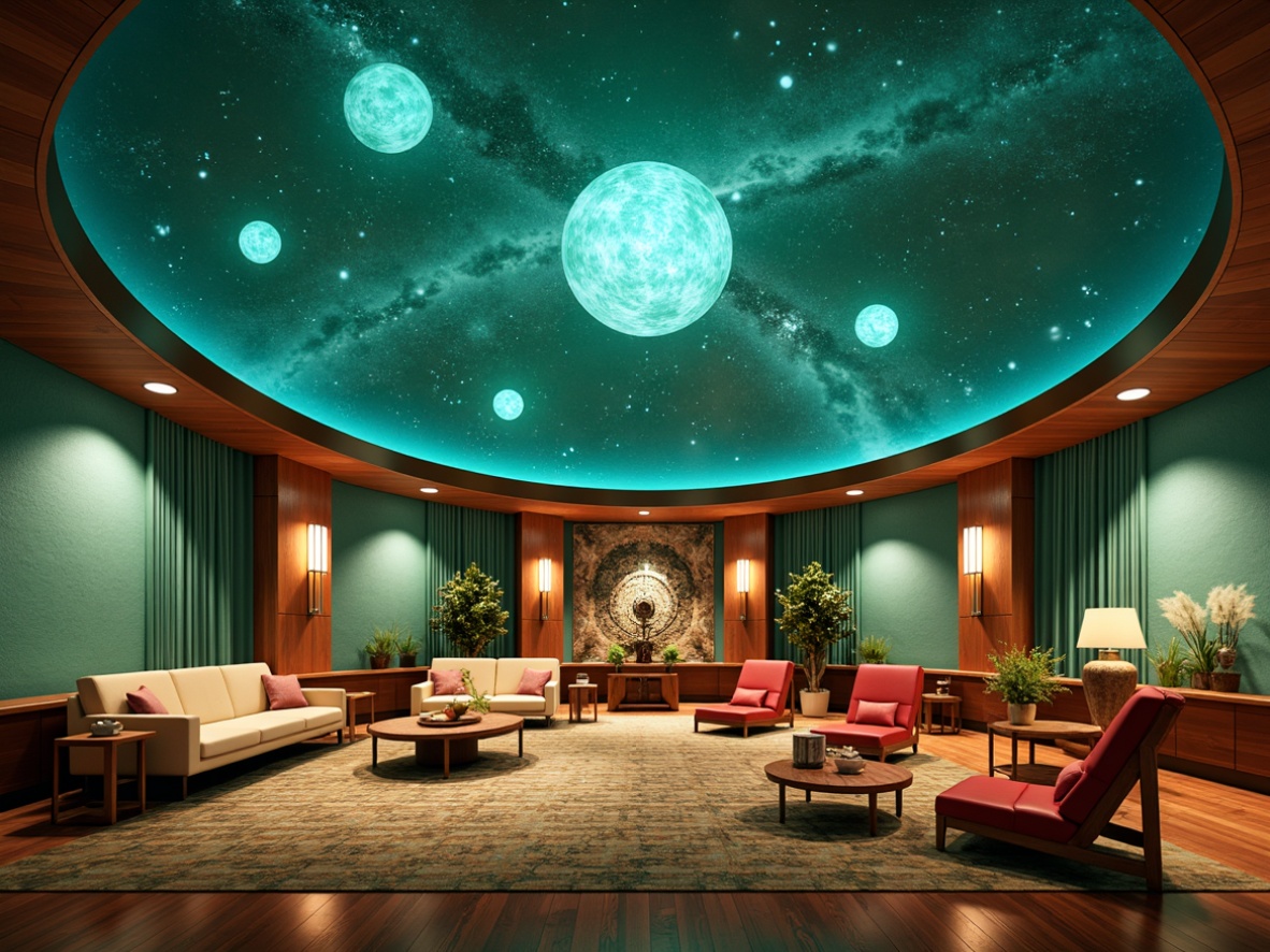 Prompt: Cosmic planetarium interior, mid-century modern style, rich turquoise walls, celestial-inspired ceiling murals, stardust-patterned carpets, retro-futuristic furniture, spherical chandeliers, geometric-shaped coffee tables, bold red accent chairs, atomic-age decorative accessories, warm beige wood paneling, soft cream-colored upholstery, ambient lighting effects, subtle gradient color transitions, 1/2 composition, dramatic spotlights, realistic material textures, atmospheric glow.