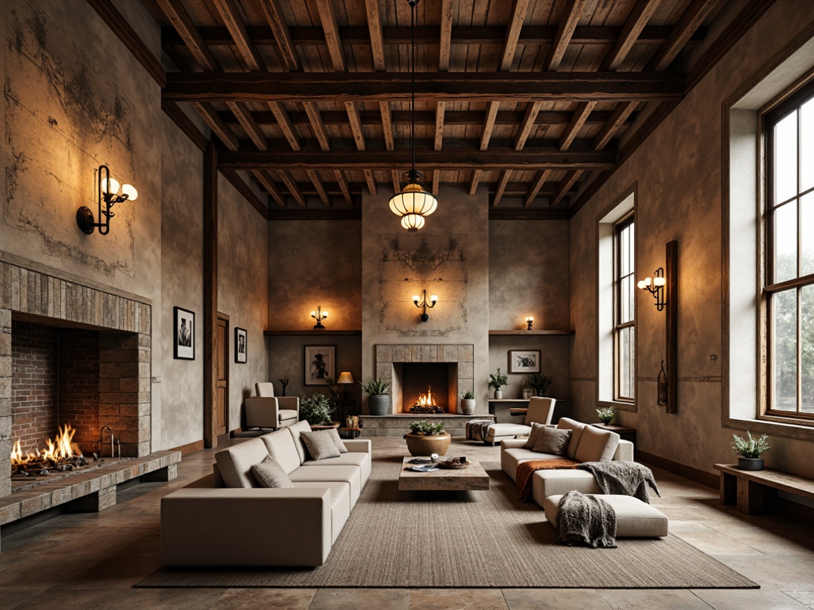 Prompt: Rustic steel-framed interior, distressed wood accents, earthy tones, warm beige walls, weathered metal beams, vintage industrial lighting, exposed brick textures, reclaimed wooden planks, natural stone floors, cozy fireplaces, comfortable sofas, plush throw blankets, soft candlelight, shallow depth of field, 1/2 composition, realistic rustic atmosphere.