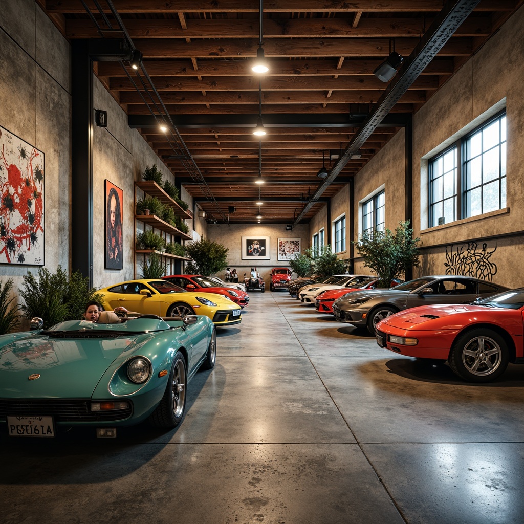 Prompt: Eclectic family garage, vintage car collections, distressed wood accents, industrial metal beams, exposed brick walls, reclaimed wooden shelves, modern LED lighting, polished concrete floors, abstract graffiti art, eclectic decor, bold color schemes, dynamic textures, dramatic shadows, cinematic composition, wide-angle lens, shallow depth of field, realistic renderings.