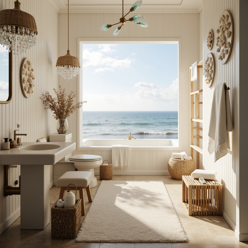 Prompt: Soft coastal powder room, calming ocean views, delicate shell decor, creamy white walls, warm beige flooring, gentle wave patterns, shimmering crystal chandeliers, soft blue-green glass pendant lights, natural woven fiber shades, subtle nautical accents, rustic driftwood furniture, plush area rugs, serene ambiance, warm golden lighting, shallow depth of field, 1/1 composition, realistic textures.