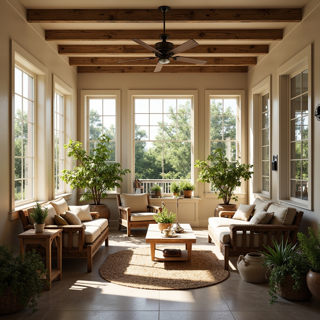 Prompt: Rustic farmhouse sunroom, warm natural light, earthy tone color palette, reclaimed wood accents, vintage metal decor, soft beige walls, creamy white trim, distressed wooden furniture, natural jute rug, lush greenery, potted plants, sunny day, warm cozy atmosphere, shallow depth of field, 3/4 composition, realistic textures.