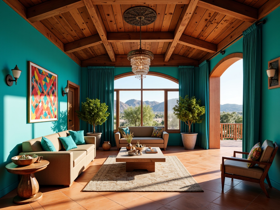 Prompt: Vibrant turquoise accents, rustic wooden beams, bold geometric patterns, warm terracotta floors, ornate metal fixtures, plush velvet drapes, lavish crystal chandeliers, Native American-inspired textiles, colorful Talavera pottery, statement furniture pieces, rich leather upholstery, dramatic floor-to-ceiling windows, sunny desert landscape views, soft warm lighting, shallow depth of field, 1/2 composition, realistic textures, ambient occlusion.