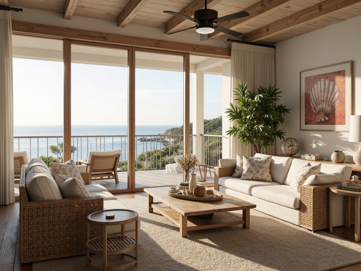 Prompt: Coastal living room, driftwood furniture, ocean-inspired color palette, natural linen upholstery, woven rattan accents, distressed wood finishes, shell decorative accessories, coral-patterned throw pillows, nautical-themed wall art, large windows with ocean views, sliding glass doors, sunny day, soft warm lighting, shallow depth of field, 3/4 composition, panoramic view, realistic textures, ambient occlusion.