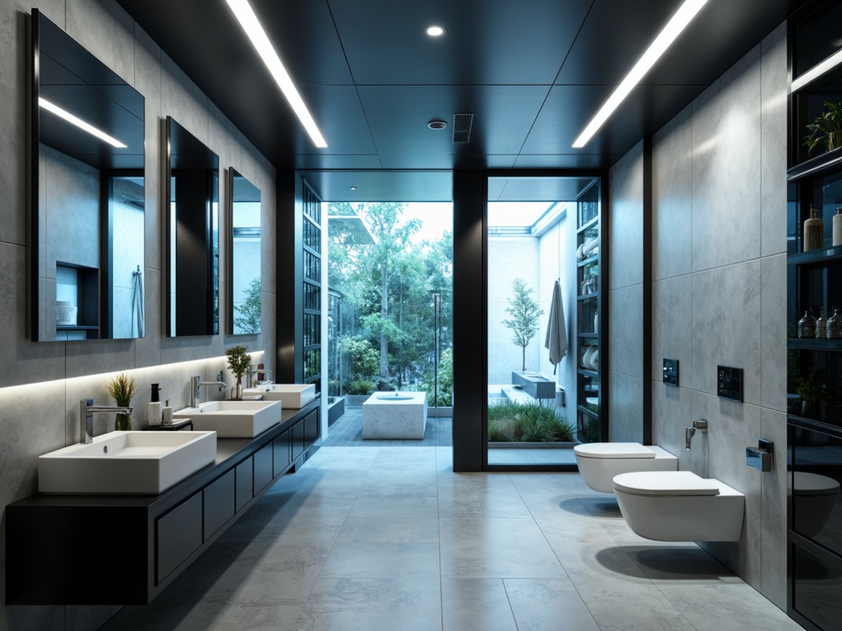 Prompt: Futuristic bathroom, sleek lines, minimalist design, gleaming metal surfaces, LED lighting strips, floor-to-ceiling mirrors, wall-mounted toilets, pedestal sinks, rain showerheads, handheld shower wands, heated floors, ambient mood lighting, frosted glass doors, automated toilet seats, sensor-activated faucets, motion-sensitive lighting, modern water-efficient systems, eco-friendly materials, high-gloss finishes, abstract geometric patterns, holographic displays, futuristic soundscapes.