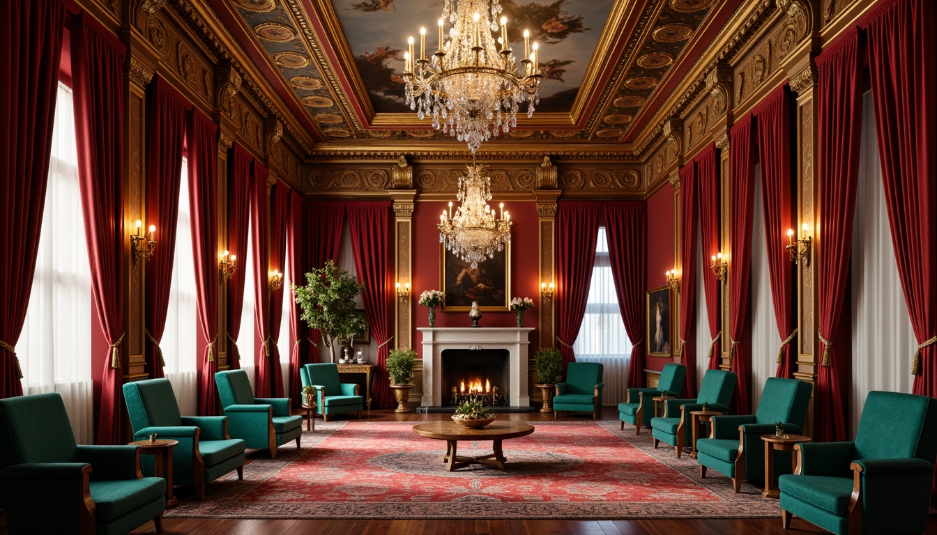 Prompt: Rich velvet drapes, ornate golden accents, lavish crystal chandeliers, sumptuous crimson red walls, intricate fresco ceilings, grandiose marble columns, opulent emerald green upholstery, extravagant turquoise tapestries, dramatic candlelight, warm soft focus, 1/2 composition, intimate atmosphere, realistic textures, ambient occlusion.