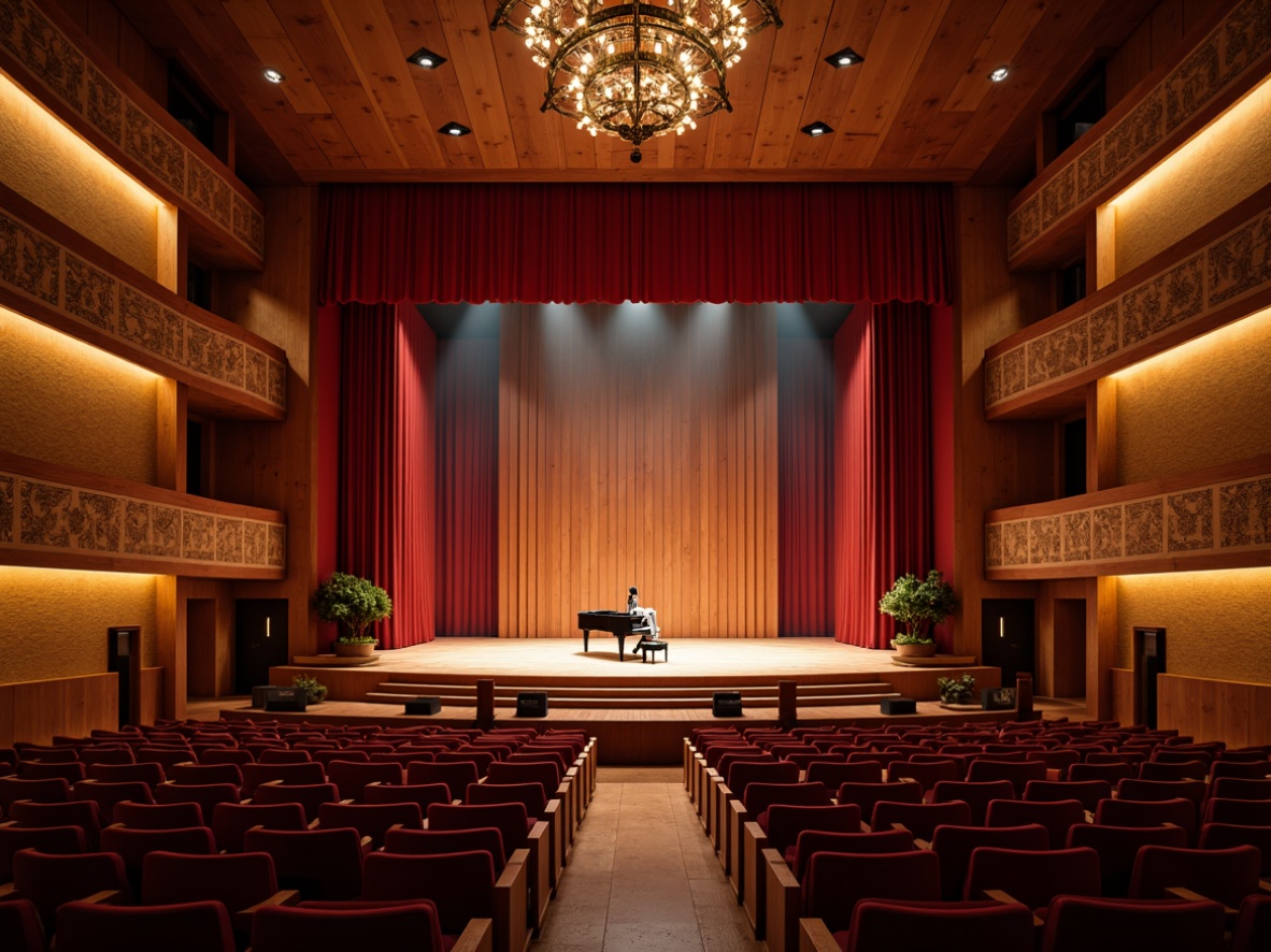 Prompt: Warmly lit stage, rich wood tones, curved lines, plush velvet seats, acoustic panels with geometric patterns, sound-absorbing materials, ornate chandeliers, grand pianos, professional lighting systems, crimson red curtains, polished wooden floors, intimate setting, soft warm glow, 1/2 composition, realistic textures, ambient occlusion.