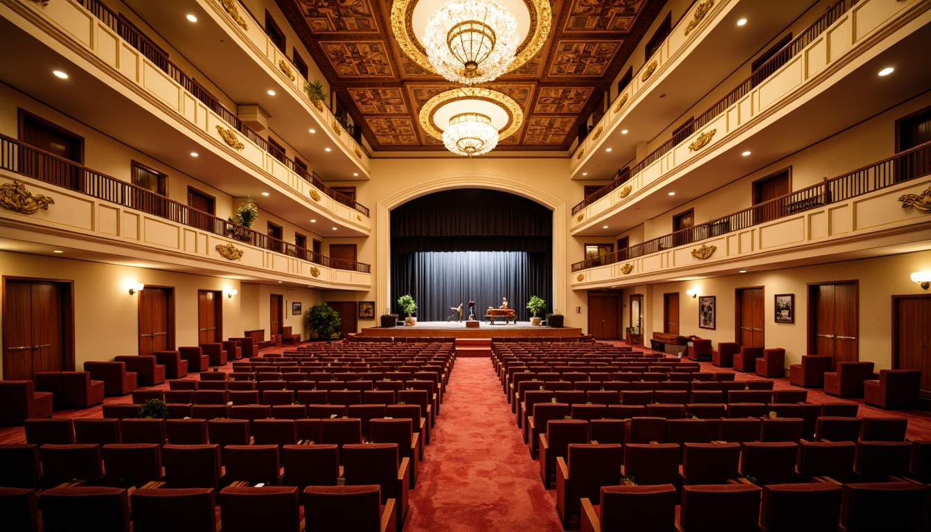 Prompt: Elegant performing arts center, transitional style interior design, warm beige walls, rich wood accents, plush velvet seats, tiered seating arrangement, curved balcony railings, ornate golden lighting fixtures, grand chandeliers, soft warm spotlighting, shallow depth of field, 2/3 composition, symmetrical framing, luxurious red carpets, decorative ceiling patterns, acoustic panels, professional sound systems, intimate setting, dramatic stage presence, subtle color palette.