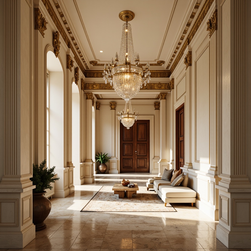 Prompt: \Elegant neoclassical interior, ornate moldings, rich wood tones, soft cream walls, luxurious velvet fabrics, antique gold accents, intricate marble patterns, grand crystal chandeliers, sophisticated neutral backgrounds, warm beige stone floors, refined classic proportions, symmetrical compositions, subtle texture contrasts, warm golden lighting, shallow depth of field, 2/3 composition, realistic reflections.\Let me know if you need any adjustments!