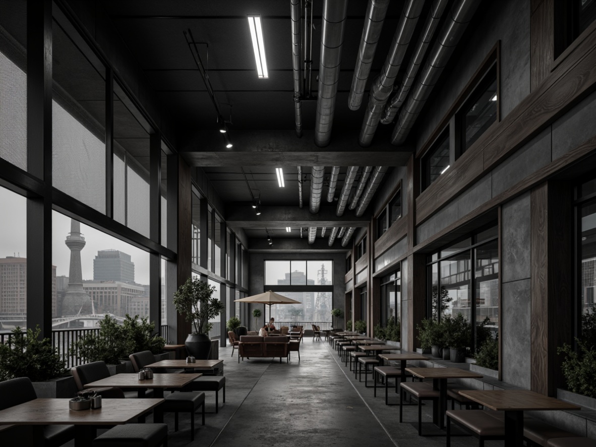 Prompt: Polished steel beams, exposed ductwork, industrial pipes, reclaimed wood accents, metallic mesh panels, geometric shapes, curved lines, minimalist decorations, functional lighting fixtures, urban cityscape, moody nighttime atmosphere, misty fog effects, shallow depth of field, 2/3 composition, cinematic camera angles, high-contrast monochromatic color scheme, realistic metallic textures, ambient occlusion.