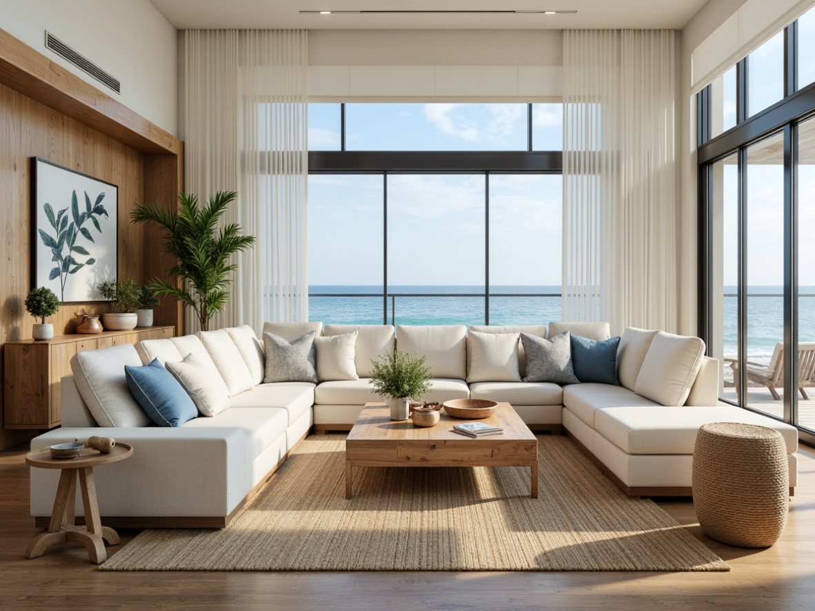 Prompt: Airy open space, coastal chic decor, natural textures, driftwood accents, soft ocean breeze, calming color palette, creamy whites, blues and sandy neutrals, plush sectional sofas, woven sea grass rugs, nautical rope details, reclaimed wood coffee tables, glass top side tables, potted palm trees, floor-to-ceiling windows, sliding glass doors, stunning ocean views, warm sunny day, soft diffused lighting, 1/1 composition, relaxed atmosphere, serene ambiance.