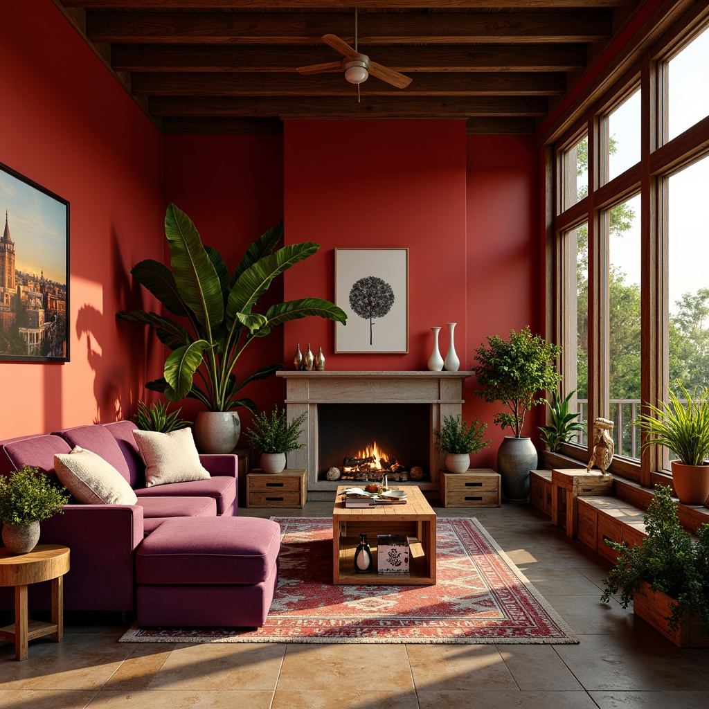 Prompt: Vibrant red accent walls, rich walnut wood furniture, deep plum velvet upholstery, warm golden lighting, natural stone flooring, earthy terracotta pots, lush greenery, bold graphic patterns, eclectic bohemian decor, cozy reading nooks, plush throw blankets, soft warm beige tones, rustic metal accents, distressed wooden crates, moody atmospheric ambiance, cinematic color grading, high contrast ratio, dramatic shadows, 1/1 composition, shallow depth of field, realistic textures.