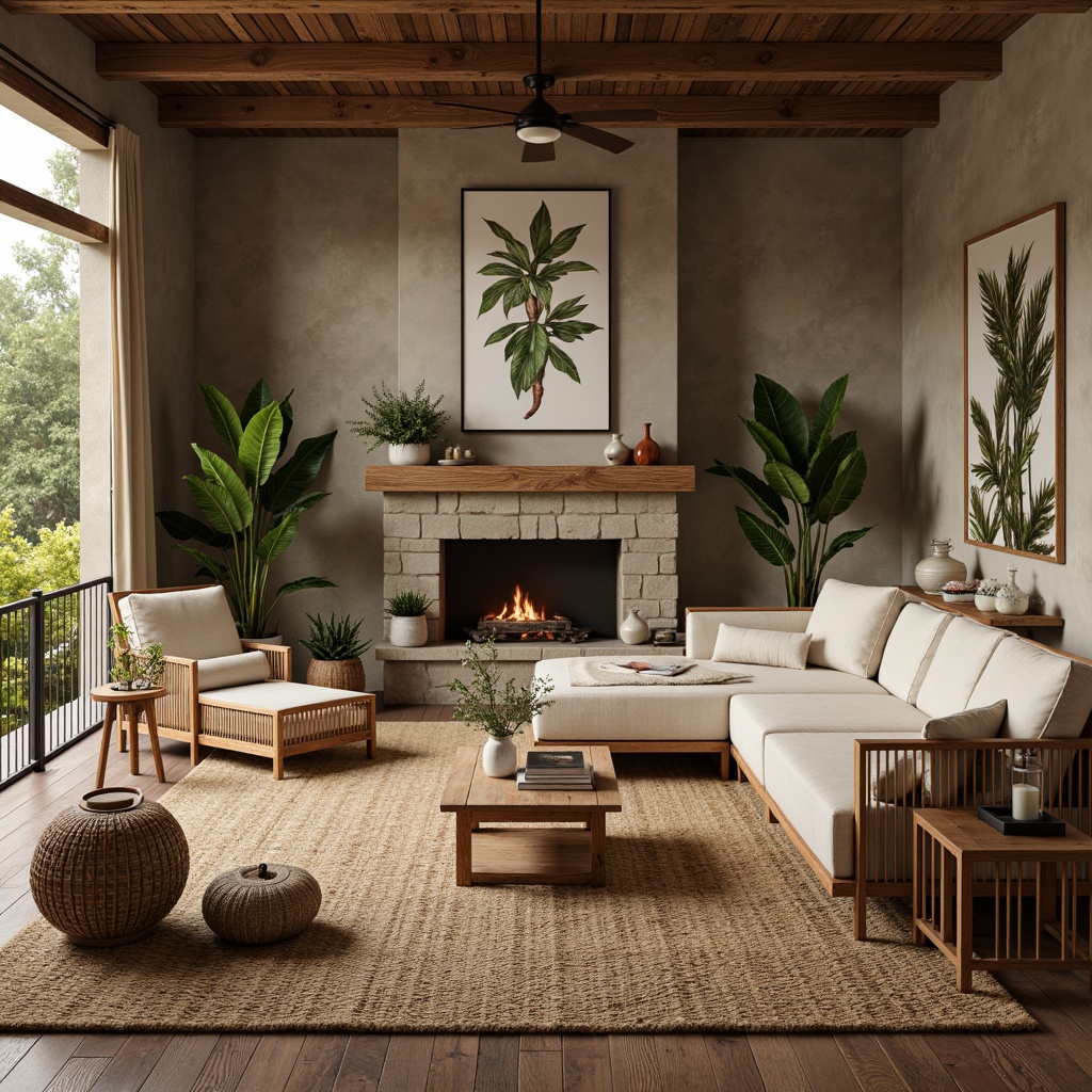 Prompt: Earth-toned living room, reclaimed wood flooring, natural stone walls, woven jute rug, plush linen upholstery, rattan furniture, organic shapes, botanical prints, potted greenery, warm ambient lighting, soft shadows, 1/1 composition, realistic textures, atmospheric rendering.