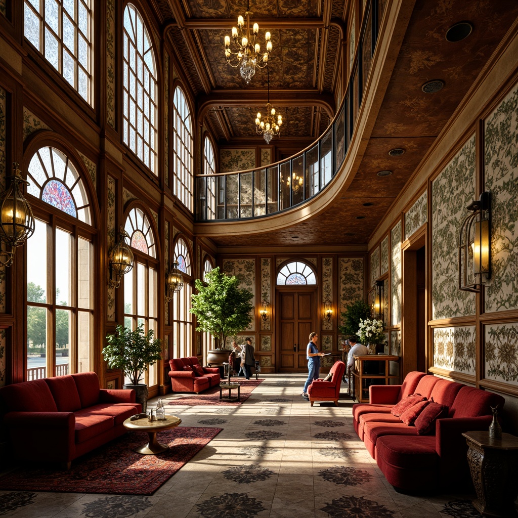 Prompt: Opulent art nouveau interior, sinuous lines, flowing curves, organic shapes, ornate metalwork, stained glass windows, rich velvet upholstery, carved wooden accents, intricate mosaics, luxurious fabrics, jewel-toned colors, warm golden lighting, subtle shadows, 3/4 composition, realistic textures, ambient occlusion.