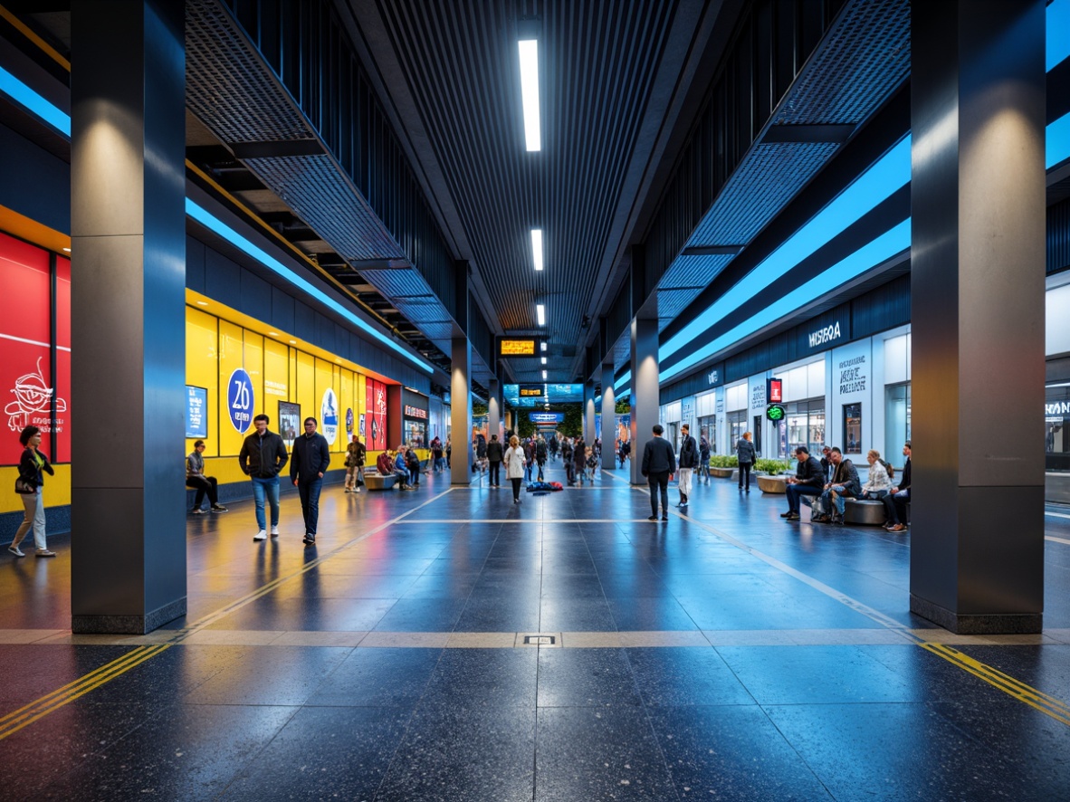 Prompt: Vibrant metro station interior, modern urban architecture, sleek metal columns, polished granite floors, dynamic LED lighting, bold color scheme, bright blues, energetic yellows, deep reds, neutral grays, contrasting accents, futuristic ambiance, high-traffic area, efficient wayfinding, clear signage, durable materials, easy maintenance, comfortable seating areas, urban connectivity, rush hour atmosphere, overhead announcements, people flow management.