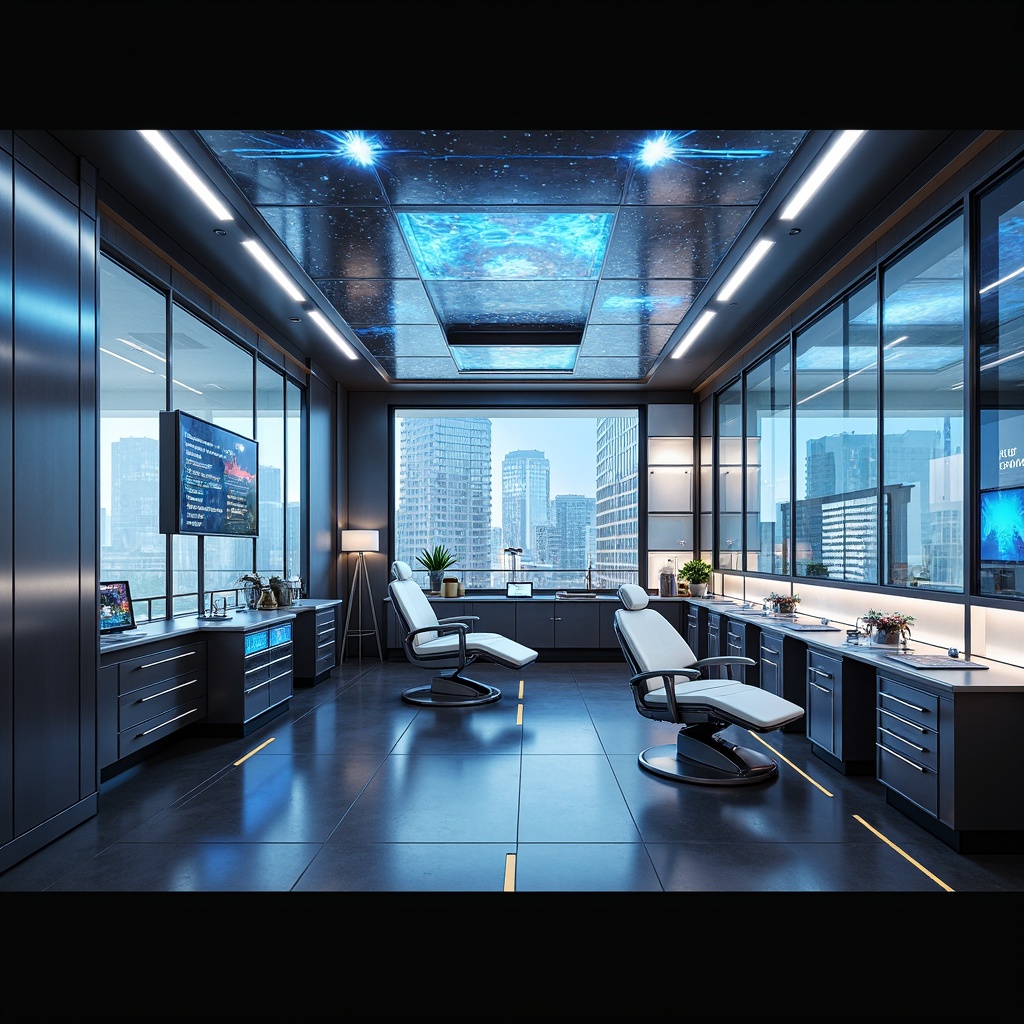 Prompt: Futuristic dental clinic interior, sleek metal walls, neon-lit LED strips, iridescent glass panels, holographic displays, minimalist decor, cryogenic storage units, advanced medical equipment, automated robotic assistants, sanitary steel countertops, glossy epoxy flooring, ambient LED lighting, futuristic dental chairs, panoramic cityscape views, 3/4 composition, shallow depth of field, high-contrast color scheme.