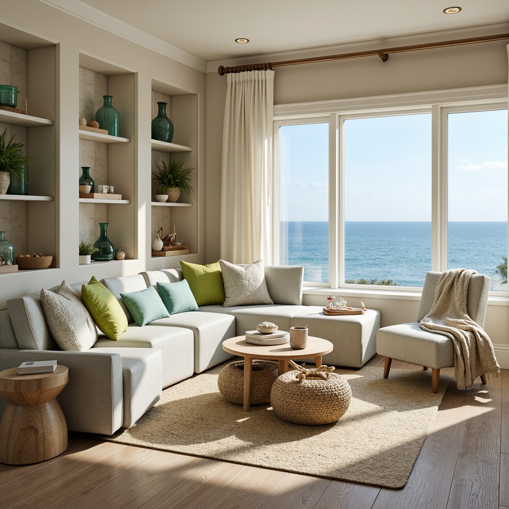 Prompt: Soft sandy beige walls, driftwood gray furniture, calming seafoam green accents, crisp white trim, weathered wooden floors, natural jute rugs, ocean-inspired blue and green glass vases, woven wicker baskets, shells and pebbles decorative accessories, beachy linen textiles, warm bronze lighting fixtures, airy open shelving, minimal ornamentation, serene ocean views, sunny day, gentle sea breeze, shallow depth of field, 1/1 composition, realistic textures, ambient occlusion.