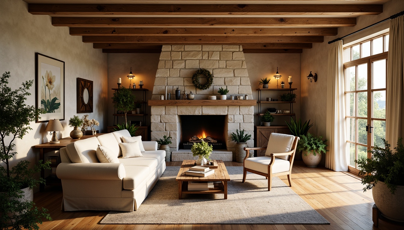 Prompt: Rustic farmhouse, distressed wood tones, soft golden lighting, plush velvet fabrics, natural linen upholstery, antique furniture pieces, ornate carvings, curved lines, romantic florals, vintage accessories, aged stone walls, exposed wooden beams, cozy fireplace, warm earthy colors, traditional French provincial style, elegant chandeliers, soft pastel hues.