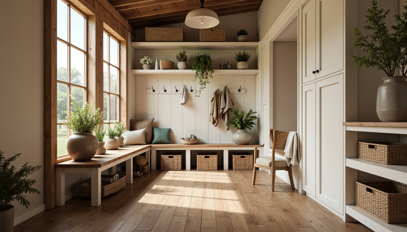 Prompt: Cozy mudroom, rustic wooden accents, earthy tones, warm beige walls, rich brown floors, soft cream-colored cabinetry, vibrant greenery, woven baskets, natural textures, industrial metal hooks, modern farmhouse decor, ample storage spaces, functional shelving units, inviting atmosphere, soft diffused lighting, 3/4 composition, realistic wood grain textures.