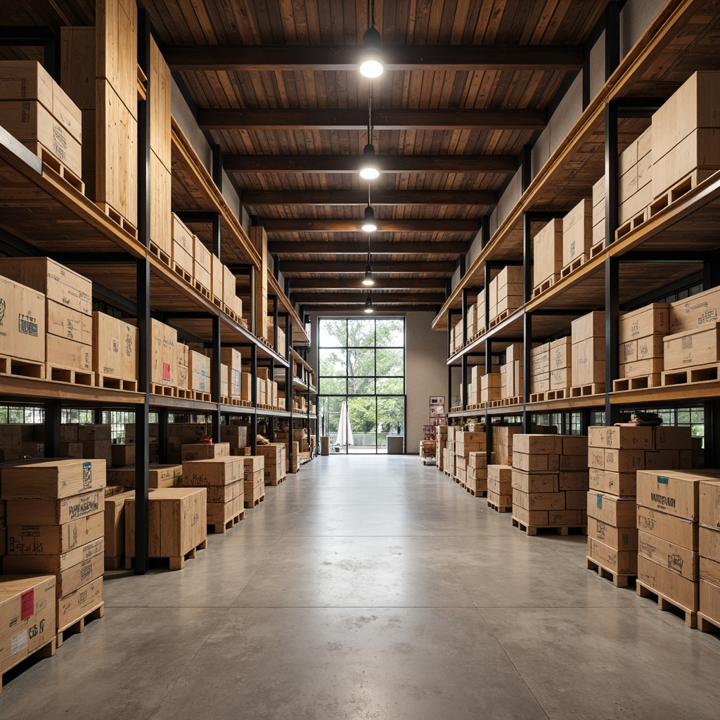 Prompt: Industrial distribution center interior, wooden crate accents, reclaimed wood shelving, rustic metal beams, polished concrete floors, modern pendant lighting, minimalistic decor, earthy color palette, natural textiles, organic shapes, functional storage units, efficient workflow layout, softbox lighting, 1/2 composition, realistic wood grain textures, subtle ambient occlusion.