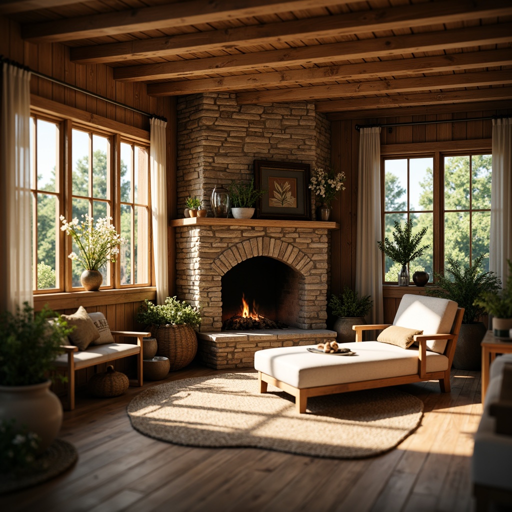 Prompt: Cozy cabin, wooden accents, natural stone fireplace, earthy color palette, exposed beam ceiling, rustic wooden furniture, woven textiles, vintage decorative items, lush greenery, blooming flowers, warm sunny day, soft warm lighting, shallow depth of field, 3/4 composition, realistic textures, ambient occlusion.