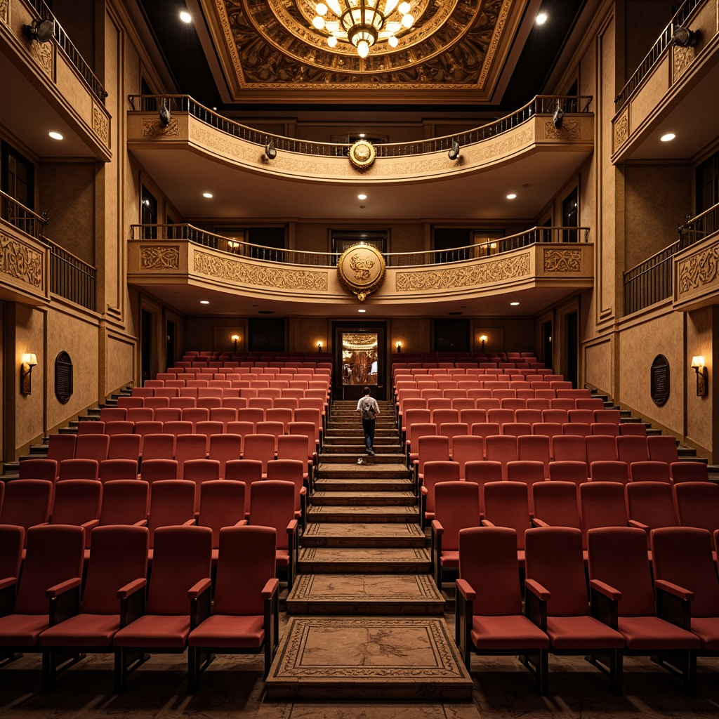 Prompt: Grandiose amphitheater, Art Deco ornate details, curved tiered seating, luxurious velvet chairs, golden metal armrests, intricate geometric patterns, ornamental railings, grand staircase, lavish chandeliers, warm ambient lighting, soft focus blur, shallow depth of field, 1/2 composition, symmetrical framing, highly detailed textures, realistic material reflections.