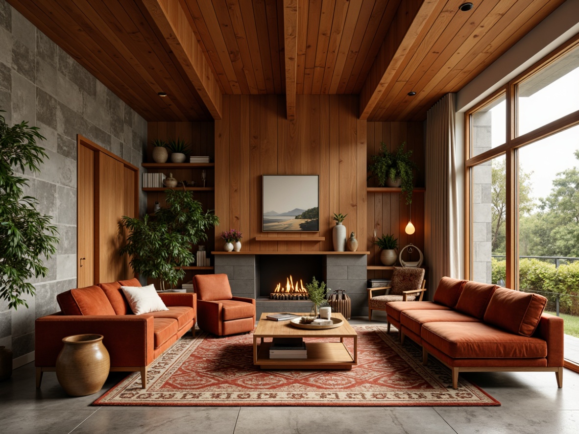 Prompt: Retro-inspired living room, warm wood accents, plush velvet sofas, geometric patterned rugs, natural stone walls, rich leather armchairs, brass metal fixtures, minimalist decor, abundant greenery, organic shapes, earthy color palette, soft warm lighting, 1/1 composition, realistic textures, ambient occlusion.