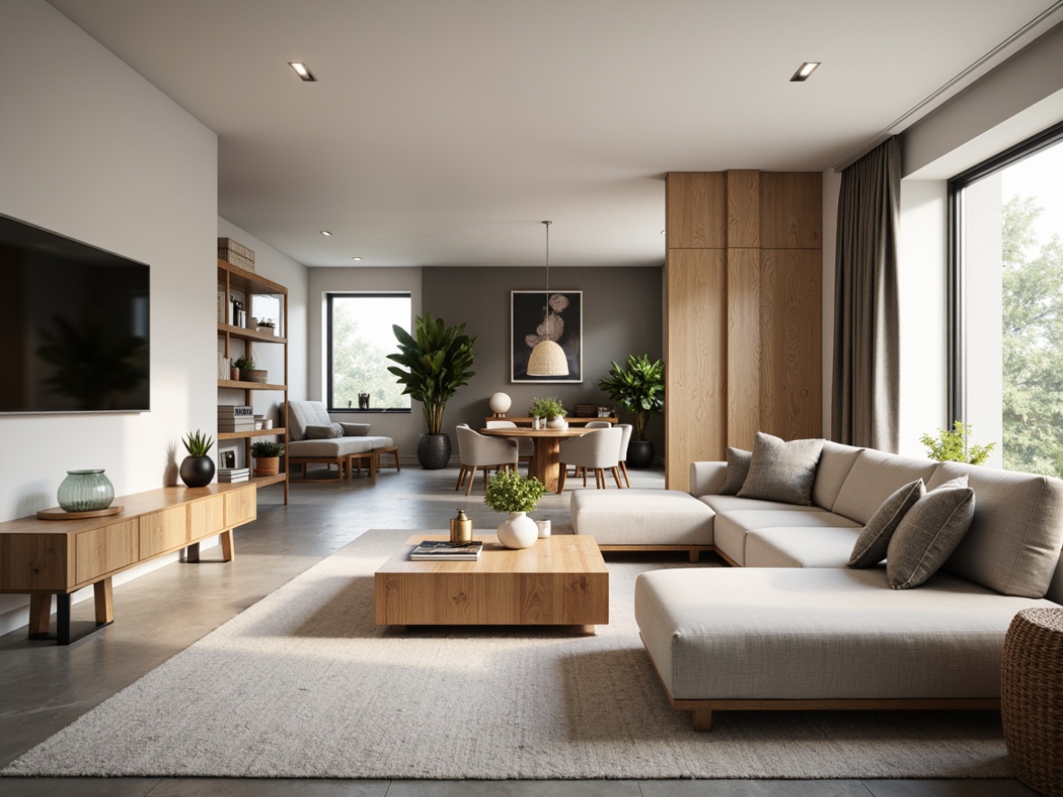 Prompt: Modern living room, sleek minimalist furniture, neutral color palette, spacious open floor plan, functional zone division, efficient traffic flow, cozy reading nook, comfortable sofas, wooden coffee table, decorative vases, greenery accents, natural light pouring in, soft warm lighting, shallow depth of field, 3/4 composition, realistic textures, ambient occlusion.