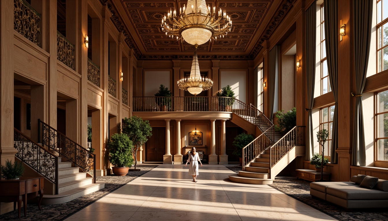 Prompt: Elegant hall, intricately carved wooden panels, ornate chandeliers, luxurious fabrics, richly polished marble floors, ornamental staircases, sophisticated furniture designs, refined metalwork details, warm ambient lighting, soft focus, 1/2 composition, shallow depth of field, rustic textures, realistic reflections.