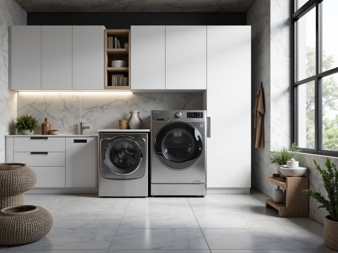 Prompt: Modern laundry room, sleek appliances, stainless steel finish, LED lighting, futuristic design, high-tech features, touch screen controls, advanced washing technology, energy efficiency, minimalist decor, white glossy cabinets, chrome handles, marble countertops, large capacity washers, speedy drying cycles, sanitizing steam options, smart home integration, Wi-Fi connectivity, voice assistant compatibility, quiet operation, ergonomic layout, ample storage space, built-in ironing boards, hanging rods, floor-to-ceiling windows, natural light, urban loft style, industrial chic decor.