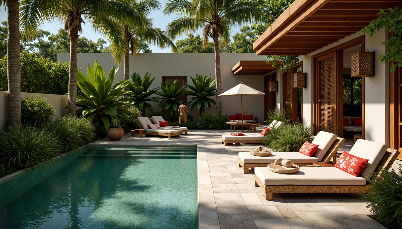 Prompt: Exotic poolside oasis, lush greenery, natural stone flooring, intricately carved wooden accents, vibrant turquoise water, ornate lanterns, woven rattan furniture, plush throw pillows, bold red and gold hues, subtle cherry blossom patterns, delicate fans, tropical plants, warm sunny day, soft gentle lighting, shallow depth of field, 1/2 composition, realistic textures, ambient occlusion.