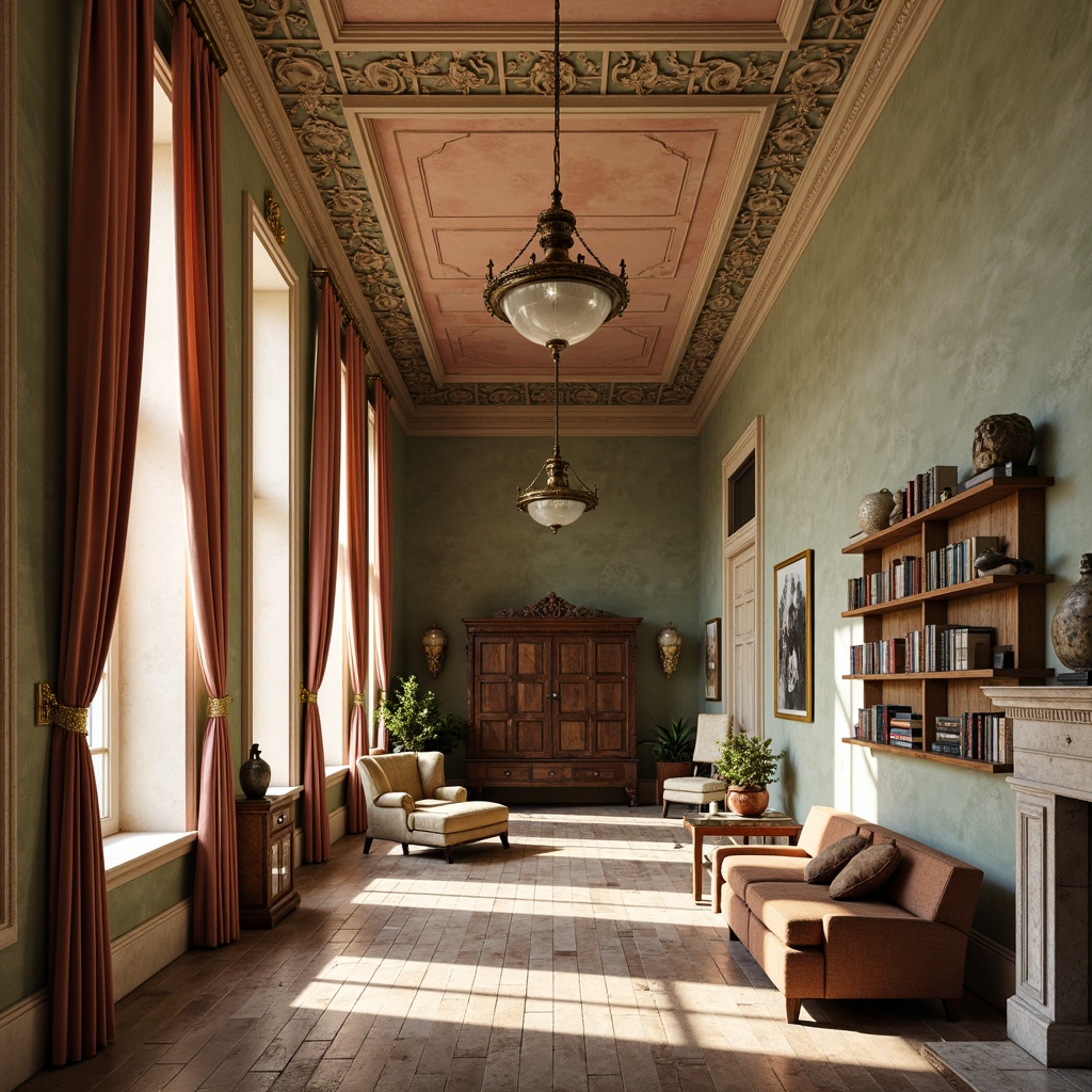 Prompt: Distressed museum facade, soft peach tones, vintage bronze accents, worn wooden floors, ornate plaster ceilings, faded velvet drapes, antique furniture pieces, muted sage green walls, creamy white columns, distressed leather-bound books, rustic wooden shelves, warm golden lighting, shallow depth of field, 1/1 composition, realistic textures, ambient occlusion.Please let me know if this meets your expectations or if you need any adjustments!