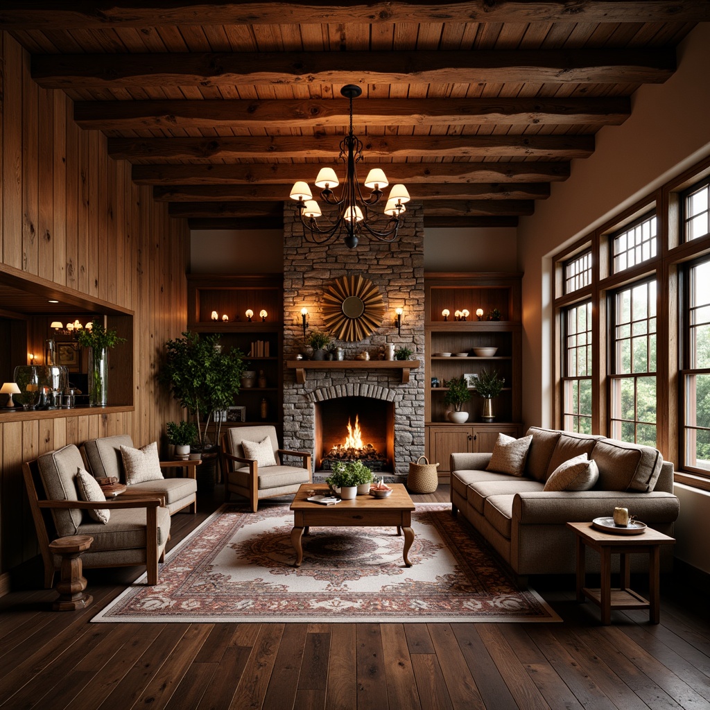 Prompt: Rustic hall, wooden beams, stone fireplace, comfortable sofas, plush armchairs, wooden coffee tables, vintage rugs, warm candle lighting, rich wood tones, ornate carvings, luxurious fabrics, intricate patterns, earthy color palette, natural textures, distressed finishes, classic craftsmanship, elegant chandeliers, refined metalwork, subtle ornamentation, cozy atmosphere, soft warm glow, shallow depth of field, 1/2 composition, realistic render.