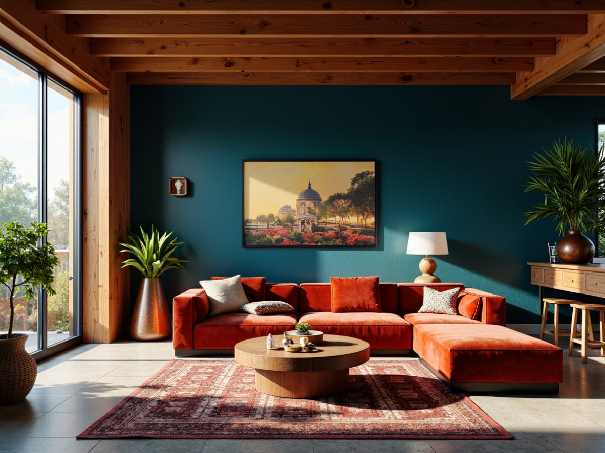 Prompt: Vibrant modern living room, bold eclectic furniture, rich wood accents, deep blue walls, warm golden lighting, plush velvet textiles, metallic copper decor, natural stone flooring, lush greenery, floor-to-ceiling windows, sleek minimalist lines, subtle patterned rugs, moody atmospheric ambiance, warm cozy atmosphere, 1/2 composition, soft focus, realistic textures, ambient occlusion.