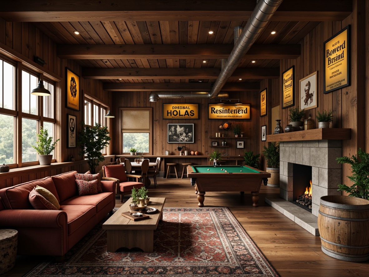 Prompt: Rustic game room, wooden accent walls, earthy color palette, vintage signs, industrial metal lighting, reclaimed wood furniture, plush velvet sofas, distressed leather armchairs, wooden barrel tables, natural stone fireplaces, woven wicker baskets, antique decorative items, warm cozy atmosphere, soft dim lighting, shallow depth of field, 3/4 composition, realistic textures, ambient occlusion.