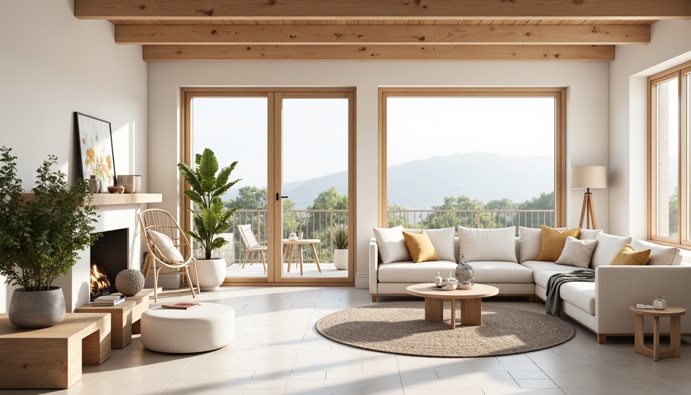 Prompt: Light-filled open space, minimalistic decor, natural wood accents, airy atmosphere, floor-to-ceiling windows, sliding glass doors, Nordic-inspired furniture, cozy textiles, pastel color palette, soft warm lighting, subtle shadows, 1/1 composition, realistic reflections, ambient occlusion, Scandinavian modern architecture, functional simplicity, clutter-free environment, organic shapes, harmonious balance, nature-inspired patterns.