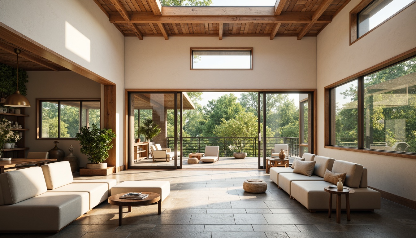 Prompt: Bright living room, large windows, sliding glass doors, natural stone floors, wooden accents, minimal obstruction, open floor plan, high ceilings, clerestory windows, soft warm lighting, indirect sunlight, ambient shadows, cozy reading nooks, greenery views, outdoor connections, minimalist decor, earthy color palette, organic textures, subtle contrast, 1/1 composition, shallow depth of field, realistic render.