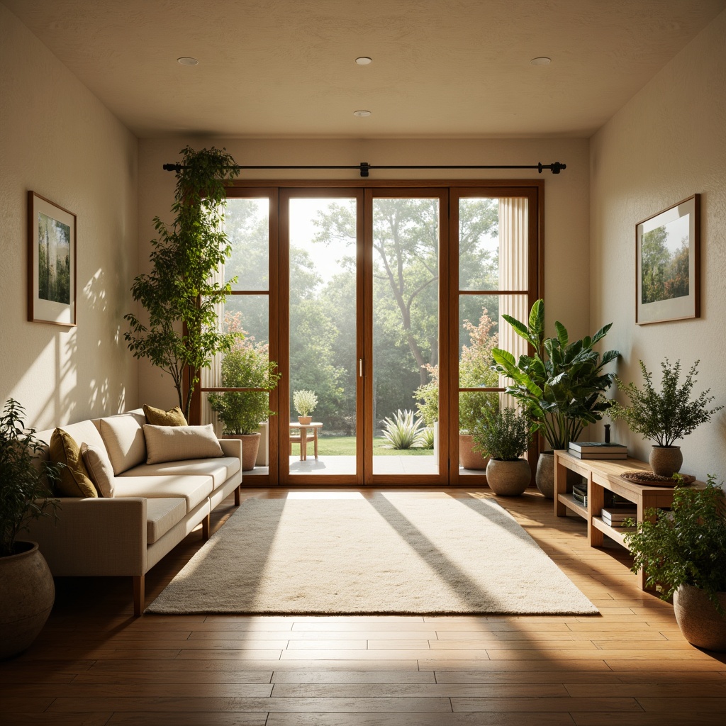 Prompt: Cozy living room, large windows, soft natural lighting, warm beige walls, comfortable sofas, lush green plants, wooden flooring, minimal decor, airy atmosphere, transparent glass doors, outdoor garden views, blooming flowers, morning sunlight, gentle shadows, 1/1 composition, realistic textures, ambient occlusion.