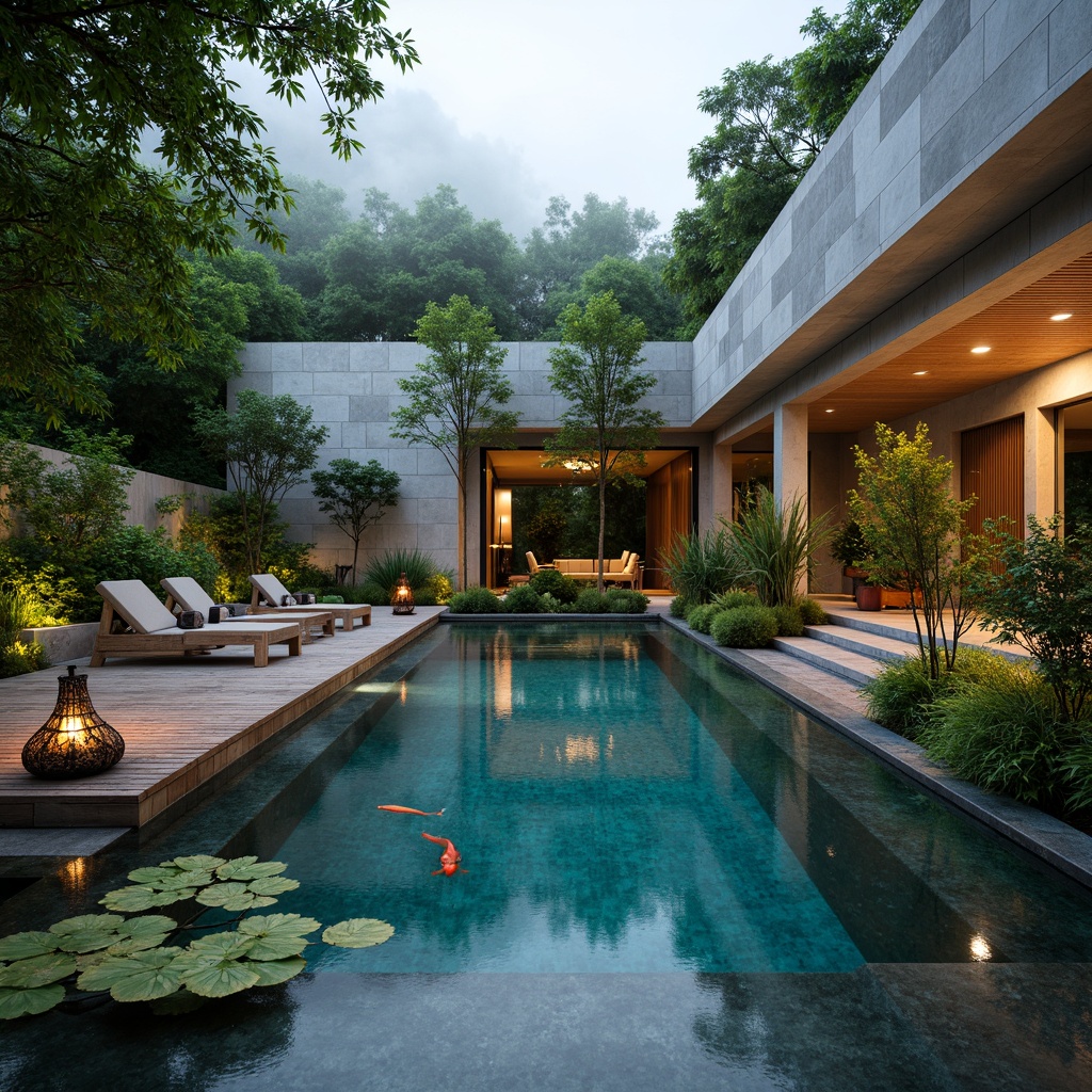 Prompt: Serene Asian-style swimming pool, natural stone walls, lush greenery, tranquil water features, koi ponds, gentle waterfalls, bamboo accents, wooden decking, tropical plants, ornate lanterns, warm lighting, misty atmosphere, shallow depth of field, 1/2 composition, soft focus, realistic textures, ambient occlusion.