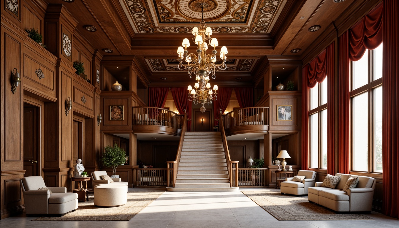 Prompt: Elegant wooden hall, refined craftsmanship, ornate carvings, polished marble floors, luxurious chandeliers, grand staircase, rich velvet drapes, intricate metalwork, decorative plaster ceilings, sophisticated color palette, warm soft lighting, shallow depth of field, 2/3 composition, realistic textures, ambient occlusion.