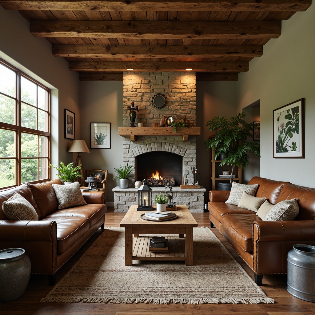 Prompt: Rustic farmhouse living room, vintage wooden furniture, distressed leather sofas, antique metal lanterns, natural woven textiles, earthy color palette, stone fireplace, reclaimed wood accents, galvanized steel decor, botanical prints, potted greenery, soft warm lighting, shallow depth of field, 1/1 composition, realistic textures, ambient occlusion.