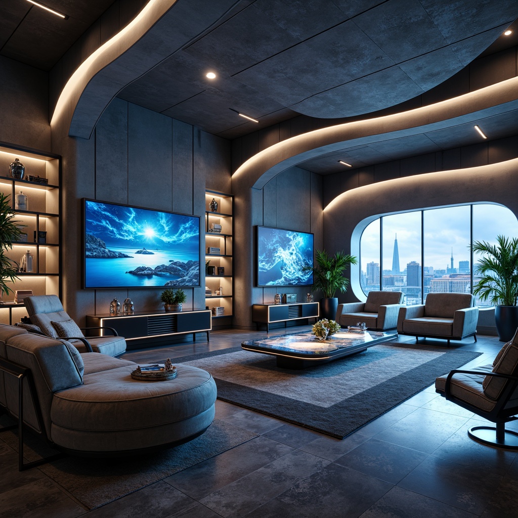 Prompt: Futuristic living room, sleek minimalist decor, curved lines, metallic accents, glowing LED lights, translucent glass tables, ergonomic chairs, hovering shelves, holographic displays, ambient Occlusion, soft neon lighting, 3/4 composition, panoramic view, realistic textures, smart home automation systems, voice-controlled interfaces, sustainable eco-friendly materials, recyclable plastics, organic shapes, avant-garde color schemes, futuristic upholstery patterns.