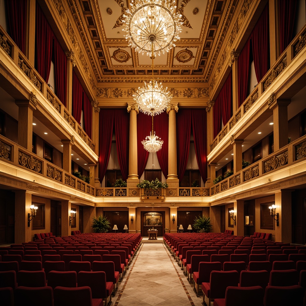 Prompt: Grand auditorium, opulent chandeliers, intricate moldings, velvet drapes, ornate balconies, gilded accents, luxurious fabrics, stately columns, majestic archways, refined wood tones, polished marble floors, dramatic spotlights, warm golden lighting, shallow depth of field, 1/2 composition, symmetrical framing, realistic textures, ambient occlusion.