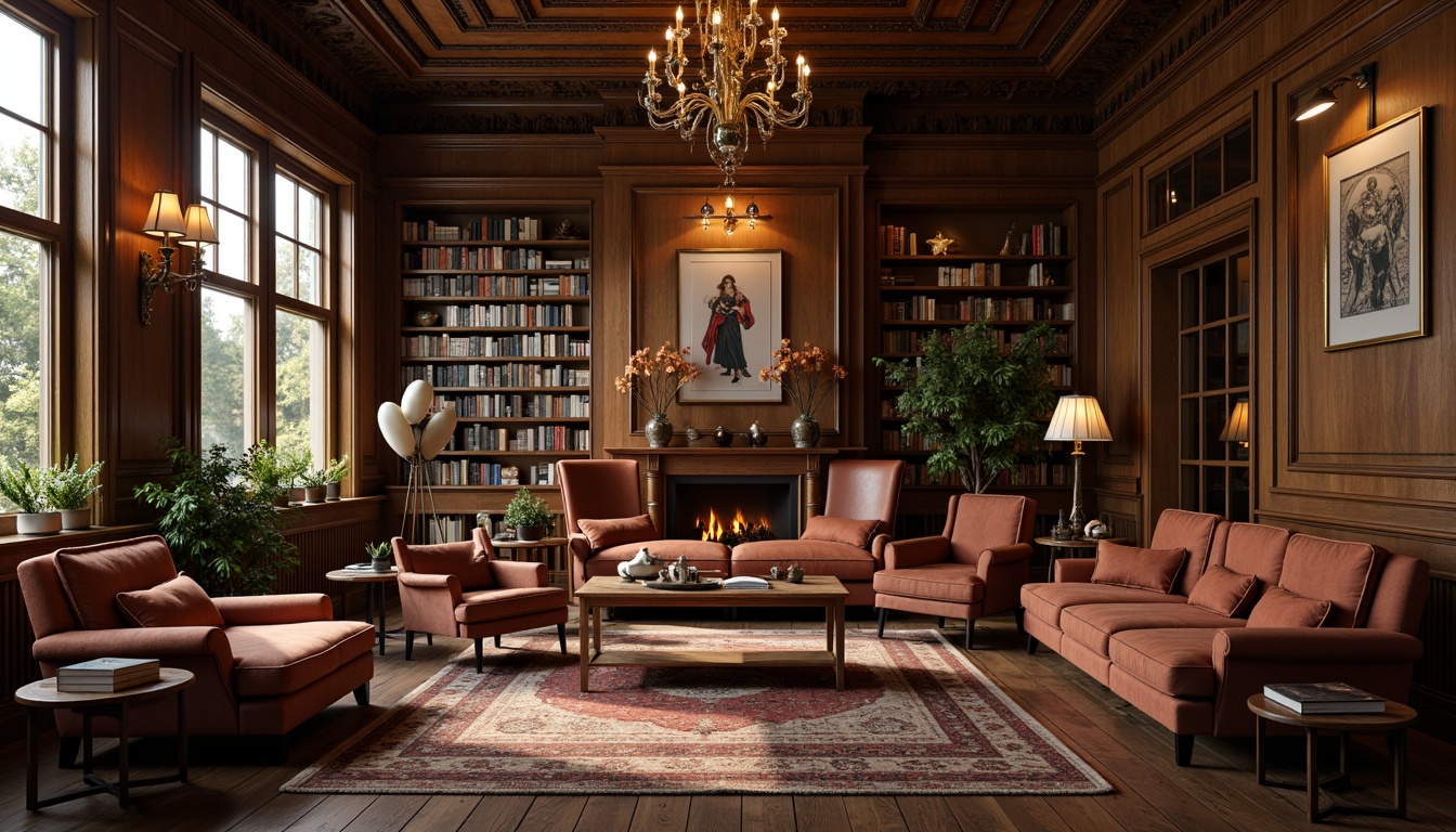 Prompt: Cozy reading nooks, plush armchairs, rich wood paneling, ornate moldings, classic literary quotes, warm soft lighting, comfortable sofas, velvet upholstery, antique bookshelves, leather-bound tomes, elegant chandeliers, rustic wooden floors, subtle aromas, calming color palette, natural stone walls, tall windows, luxurious fabrics, sophisticated ambiance, harmonious layout, 1/2 composition, atmospheric lighting, realistic textures.